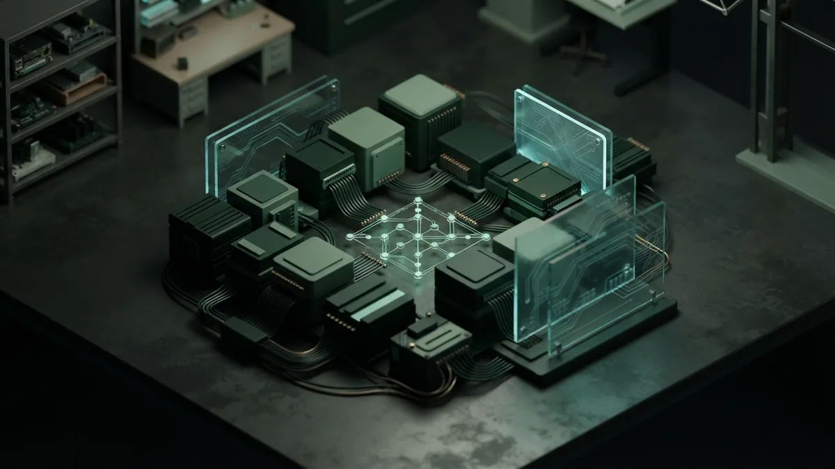 Enterprise AI technology stack Isometric machine learning hardware with linked compute blocks and layered panels