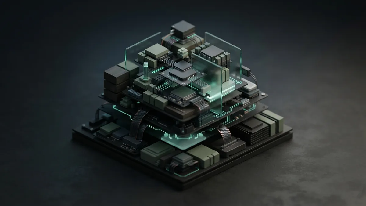 Isometric modular blocks forming a planned enterprise AI strategy system