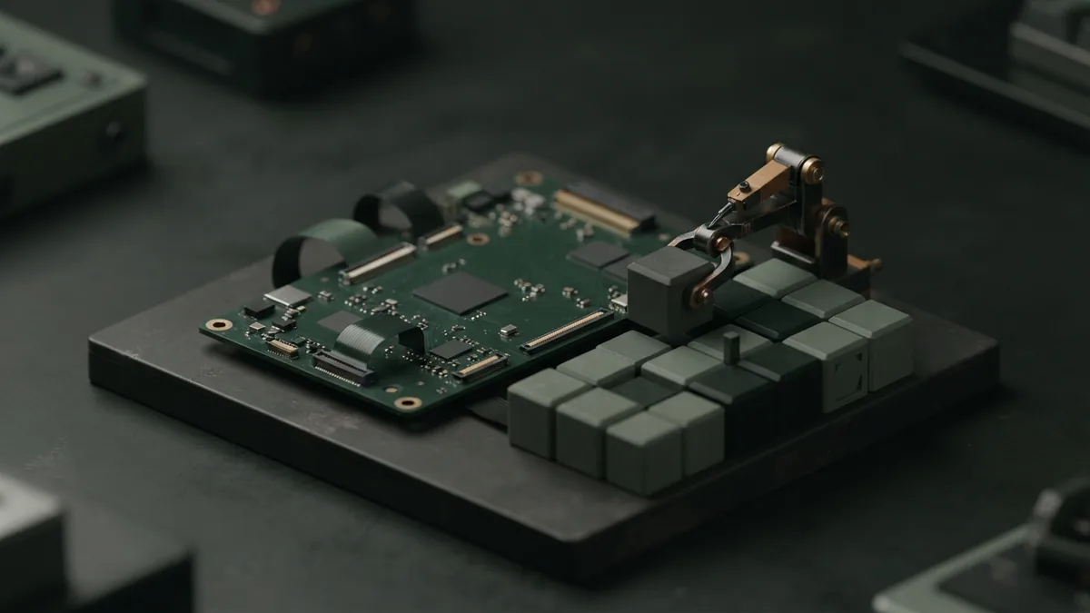 Modular blocks beside a circuit board represent adapting a language model to a focused task