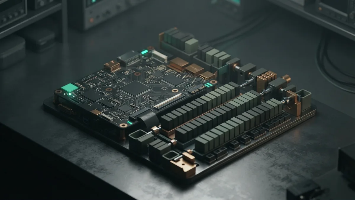 Clean groups of data blocks arranged beside a circuit board for careful model training