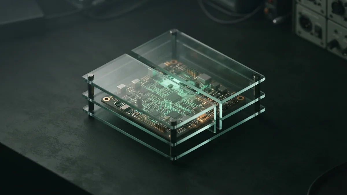 Common AI security threats Layered glass shielding a circuit board to show common AI security threats