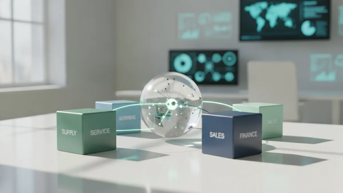 AI supports core business functions Business operations dashboard concept with supply, service, sales, and finance connections