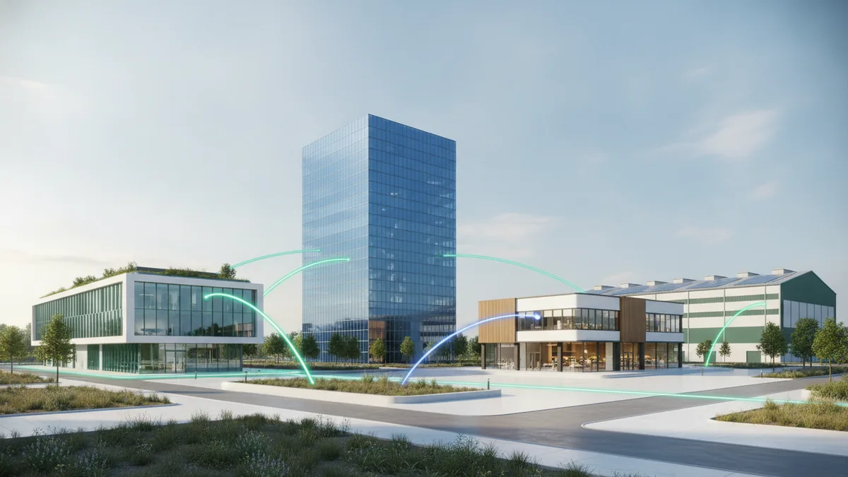 Healthcare, finance, retail, and manufacturing represented in one connected scene