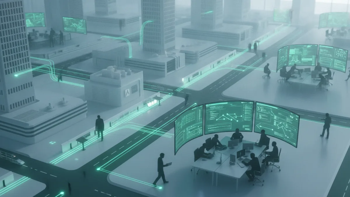 Connected future business district with data links between offices and services