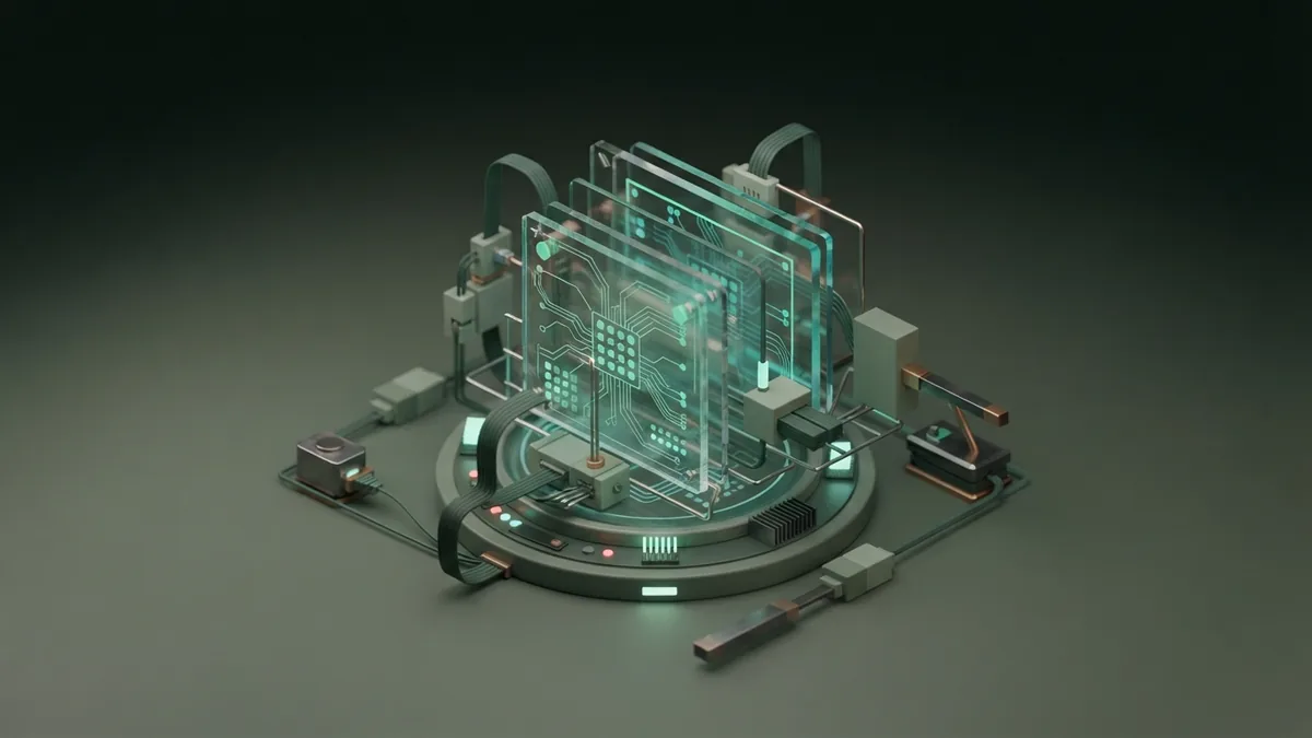Isometric AI diagnostic system with scan panels and precise medical data links