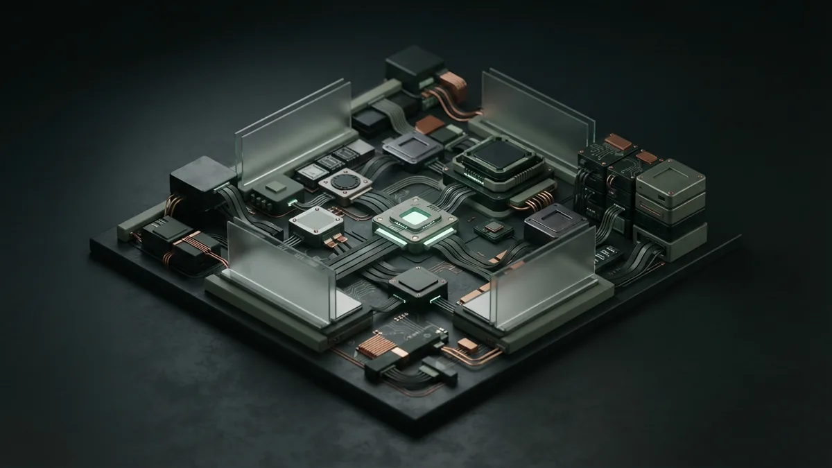 AI streamlining healthcare administration Isometric healthcare administration system with organized data blocks and cable links