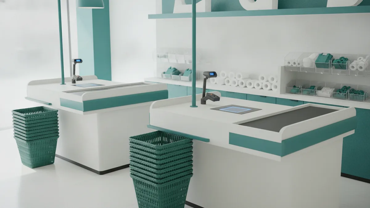 Efficient retail checkout area with orderly baskets and stocked counters