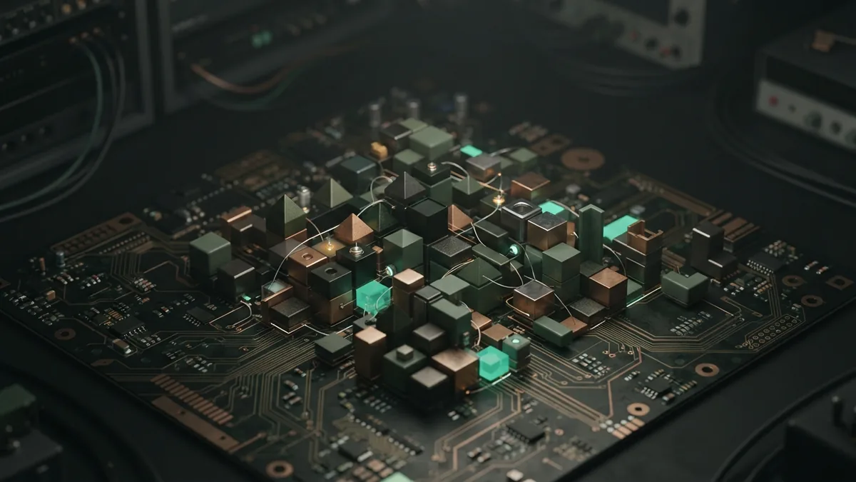 Patterns found in unlabeled data Small abstract data blocks forming clusters across a dark circuit-board surface