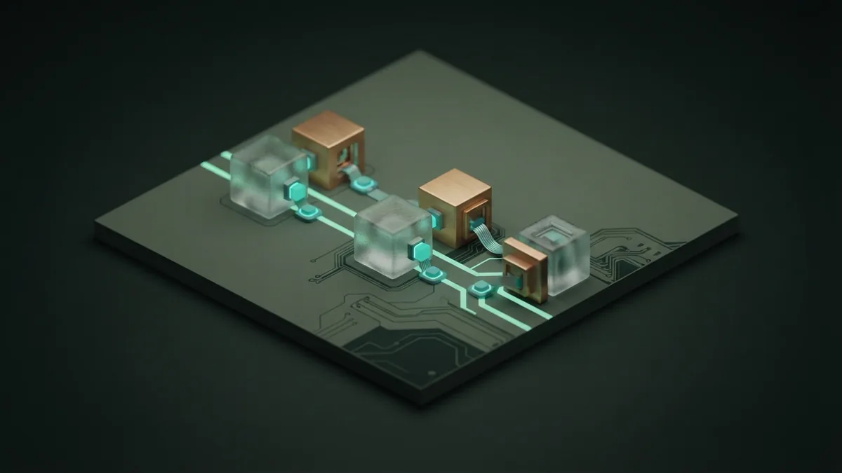 Paired glass and metal blocks showing how labeled examples guide AI training