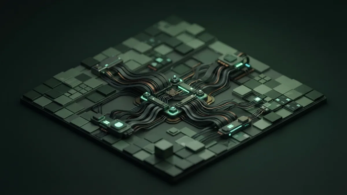 Many abstract data tiles feeding a compact network of nodes and ribbon cables