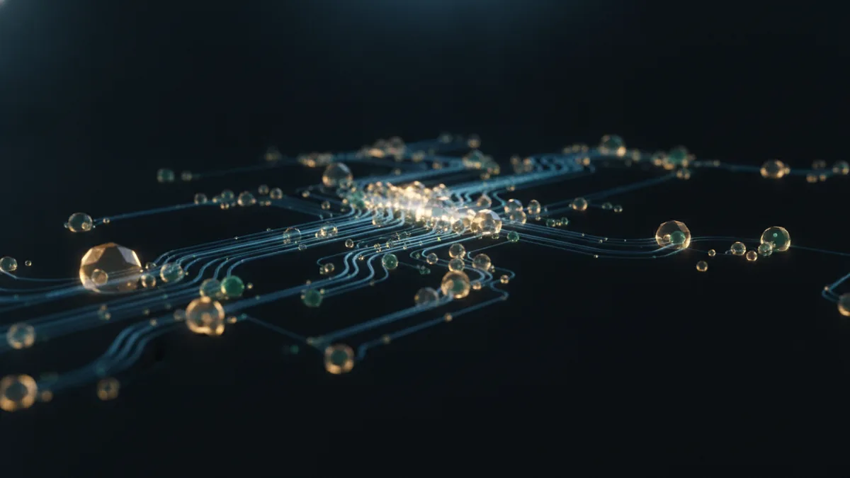 Layered cloud service dependencies shown as connected glowing nodes