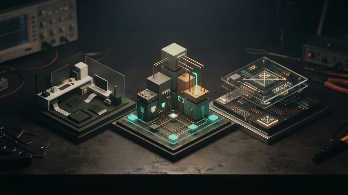 Three abstract learning systems arranged to show different AI training methods