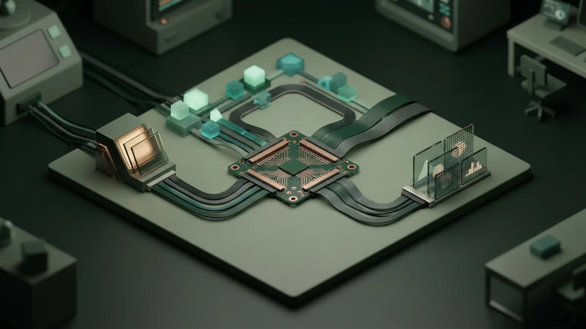 Abstract data forms feeding a circuit board to represent training data for an AI model