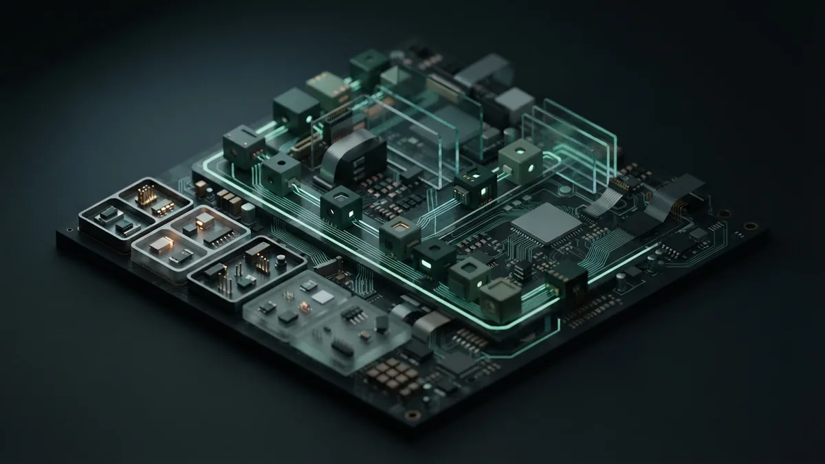 Isometric AI automation system showing modular work blocks and sensor parts in a dark studio