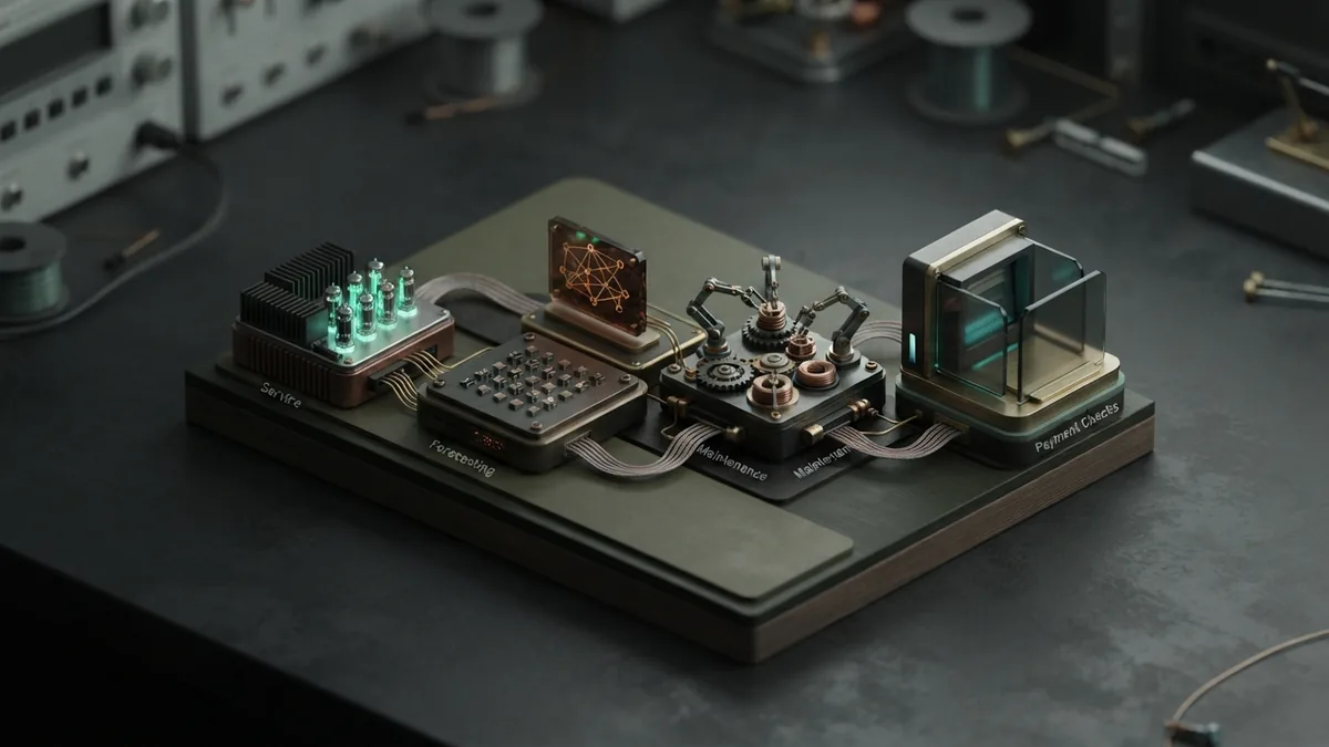 Common AI applications in business Isometric AI business applications shown as linked hardware modules in a dark green setting