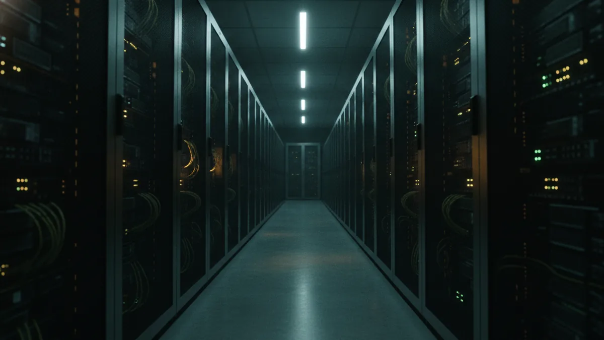 Compute-driven training reality Data center hallway representing training time and compute needs.