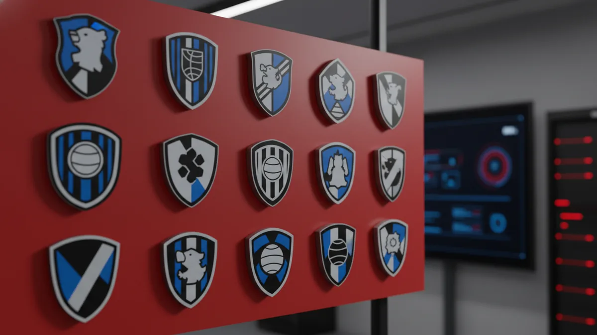 Reference board of sports logo badges showing visible blue accents.