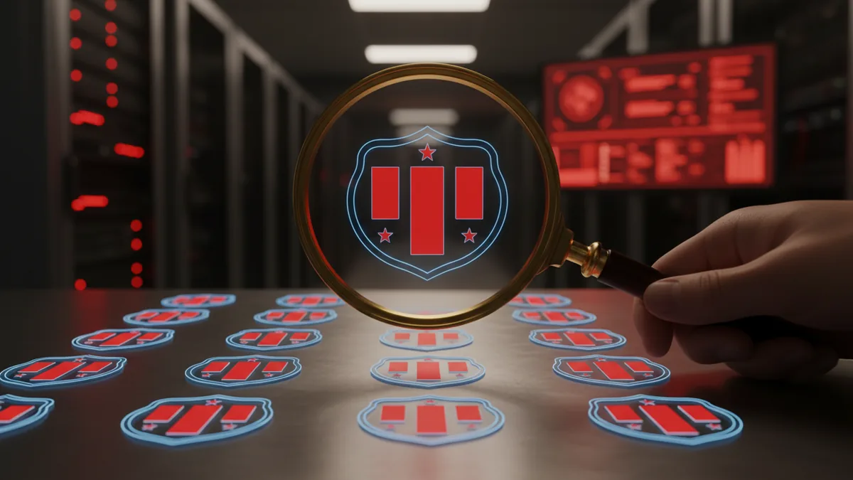 Inspect logos for colors and stars A magnifying glass inspecting logo crests with blue, red, and star details.
