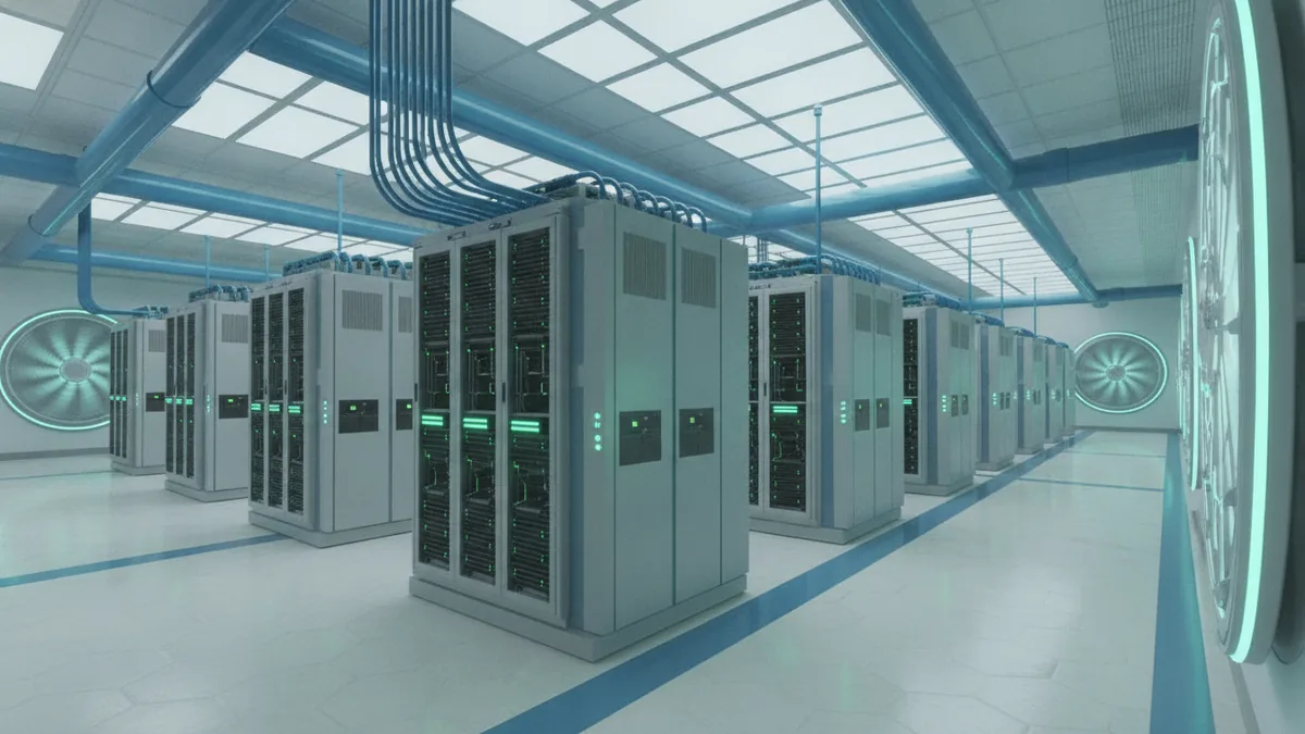 Supercomputer power for cloud AI Large supercomputer facility with advanced computing racks and cooling systems