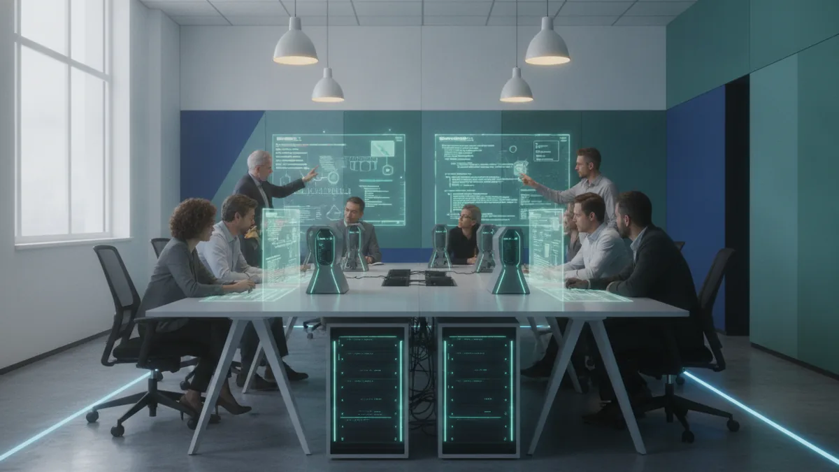 Training room with workers learning AI skills beside cloud technology equipment