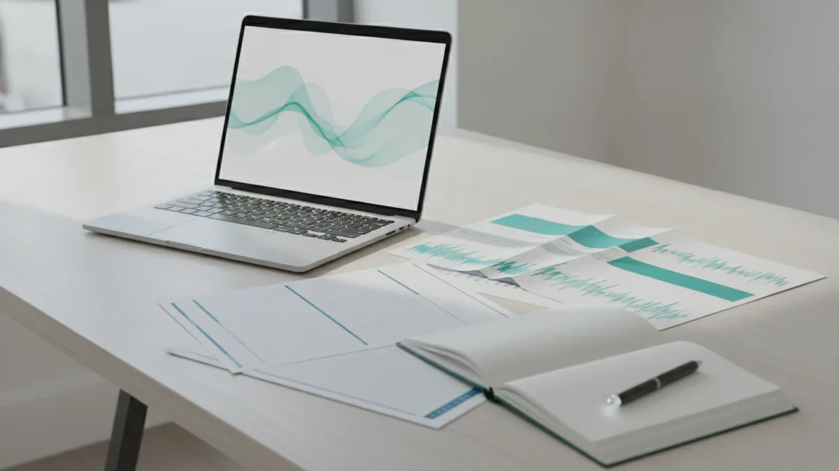 Hands-on data study setup with laptop charts and printed data sheets