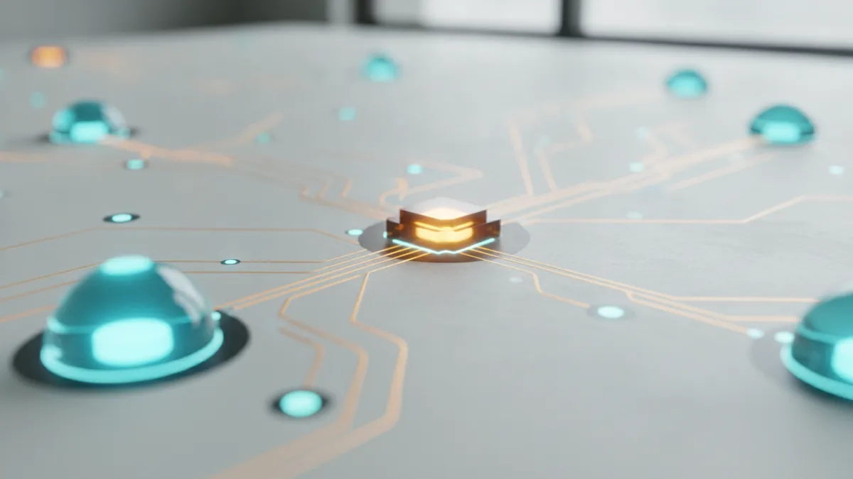 Data streams connect to a digital model core for AI-driven prediction