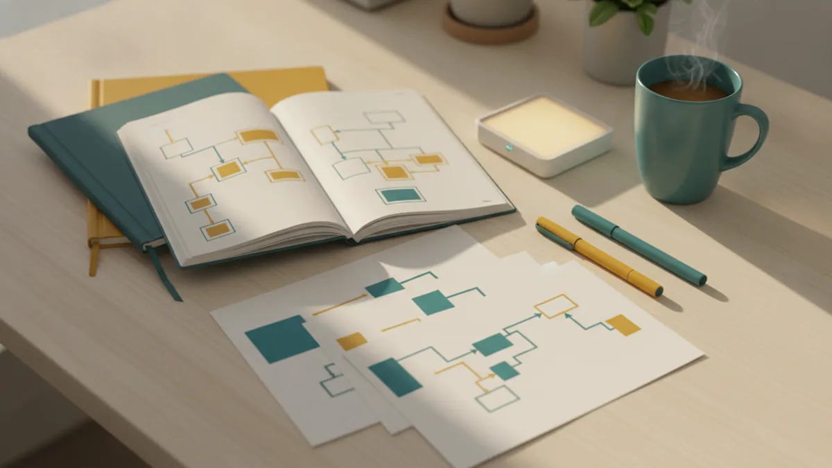 Charts and notes arranged for structuring an AI and automation workflow