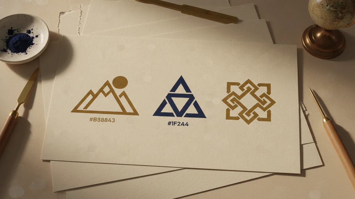 Three minimal geometric logo icons laid out on paper for comparison