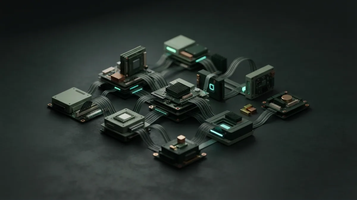 Abstract AI system with hardware modules and ribbon cables in a dark isometric workspace