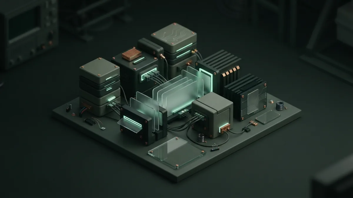 A practical AI workflow in miniature Isometric abstract AI workflow with modular blocks and translucent panels in dark green tones