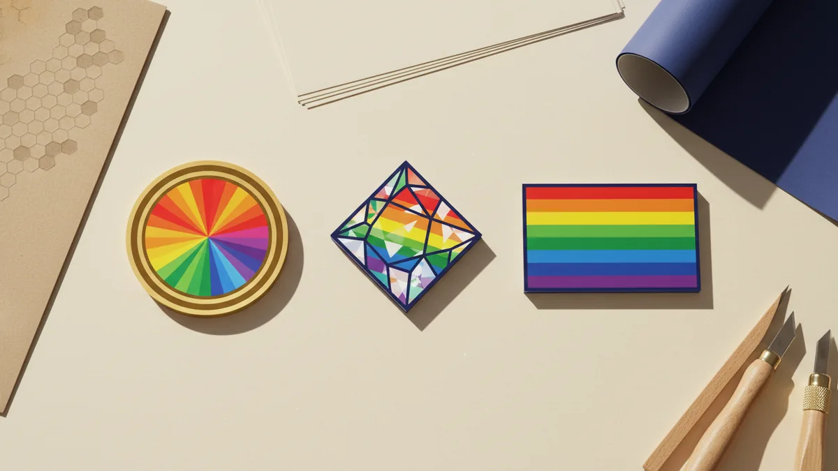 Pick a rainbow style that fits Three logo shapes showing different rainbow fill, outline, and band styles.