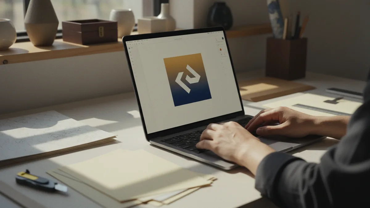 Clip the rainbow to the logo shape Designer laptop showing a rainbow gradient clipped inside a logo silhouette.