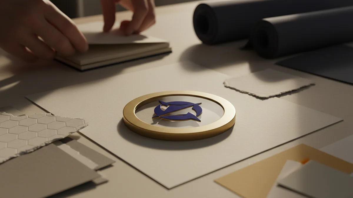 A centered badge emblem with icon and ring for round logo ideas.
