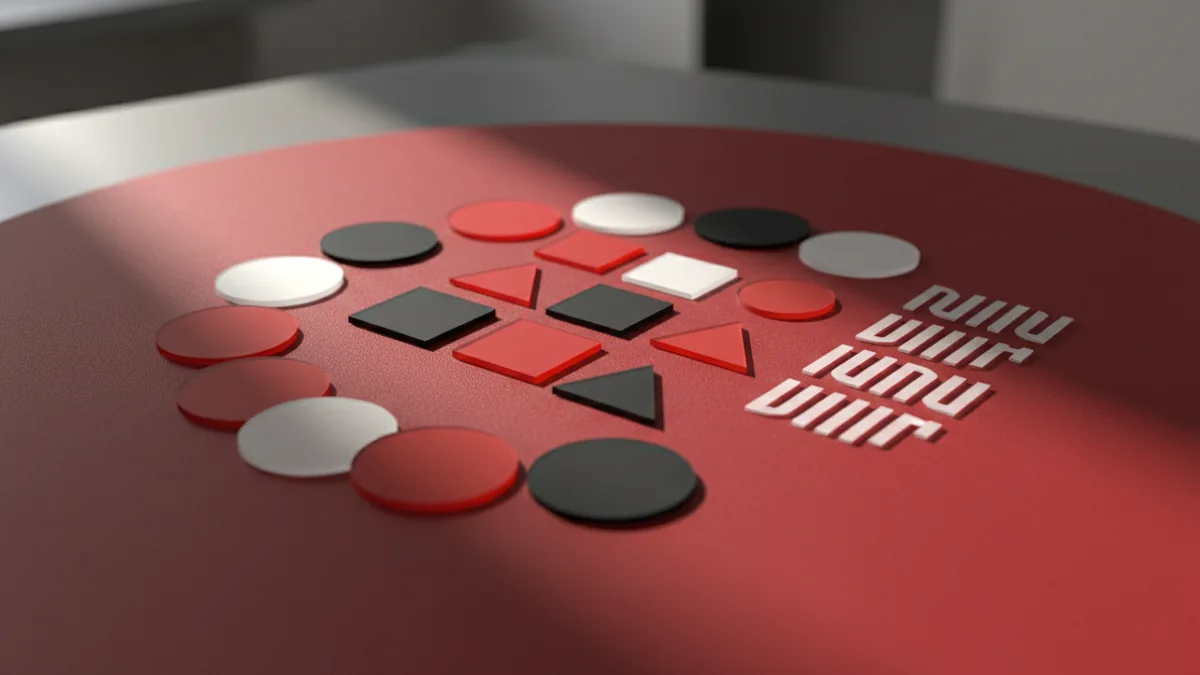Tools and materials for round logo design Geometric shapes, color swatches, and typography samples arranged for logo design decisions.