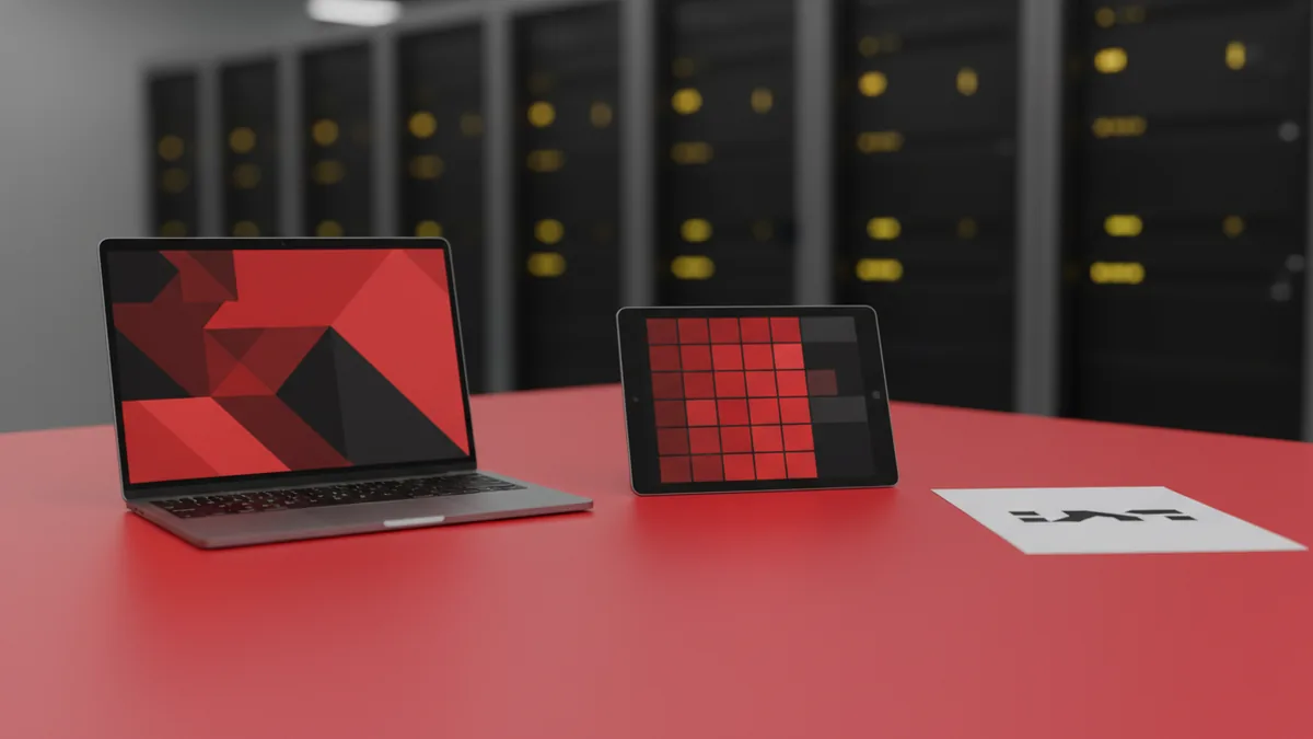 Workspace with laptop, tablet, and paper layouts showing logo design workflow choices.