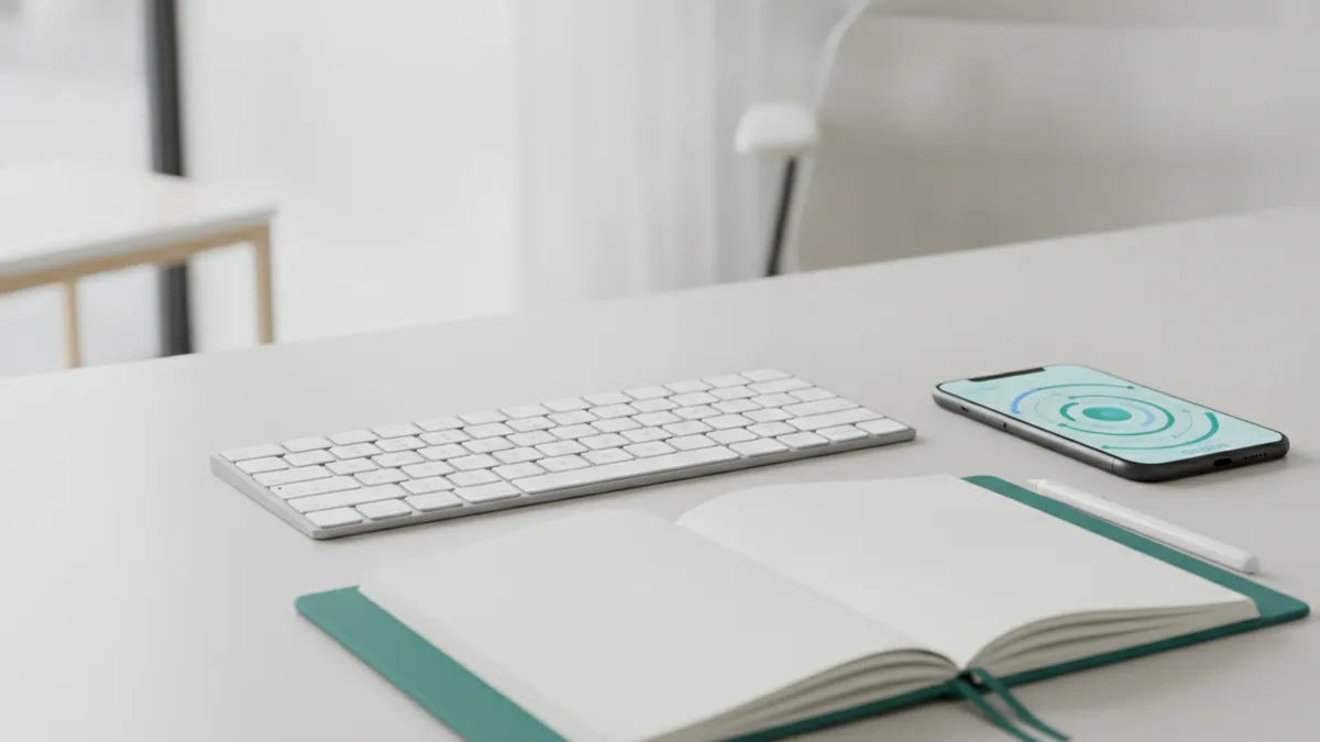 Workspace scene showing inputs and outputs concept with notebook and devices.