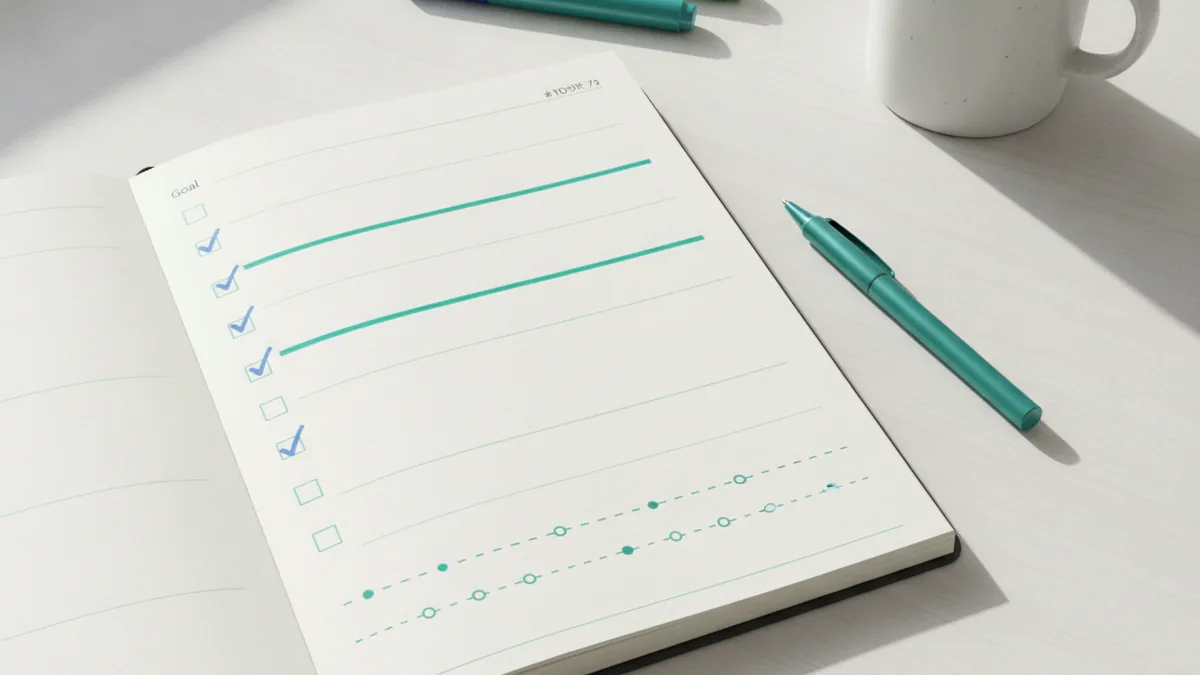 Set goals that guide practice Top-down view of a planner with goals and checkboxes for structured learning.