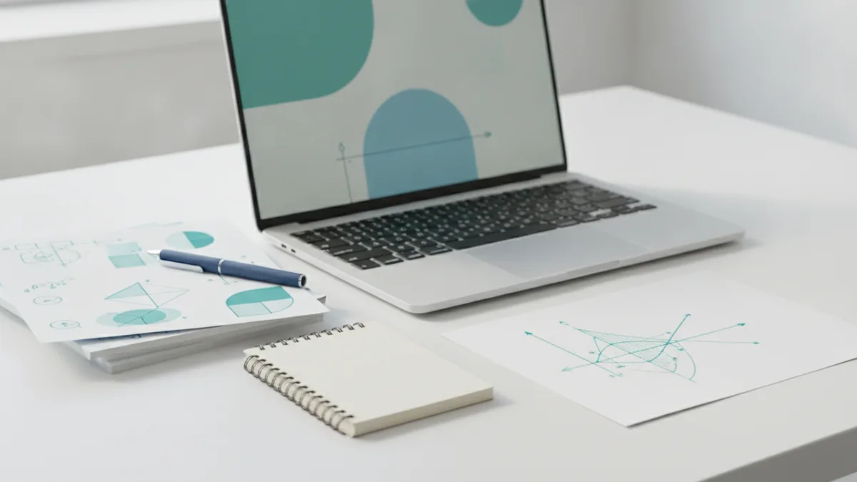 Study desk with simple graphs, notes, and a laptop indicating foundational learning.
