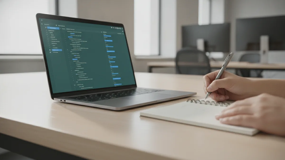 Hands writing notes beside a laptop suggesting prompt iteration and review.