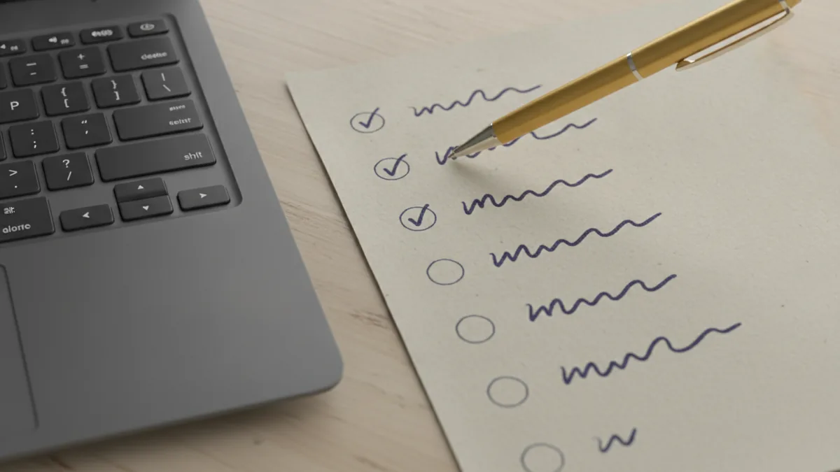 Handwritten checklist beside a laptop keyboard for rejecting AI step-by-step.