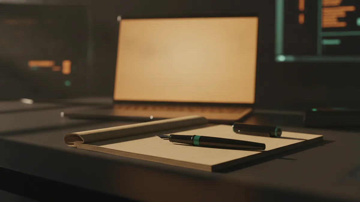 Planning your prompt Notebook and pen beside a laptop glow, symbolizing prompt planning