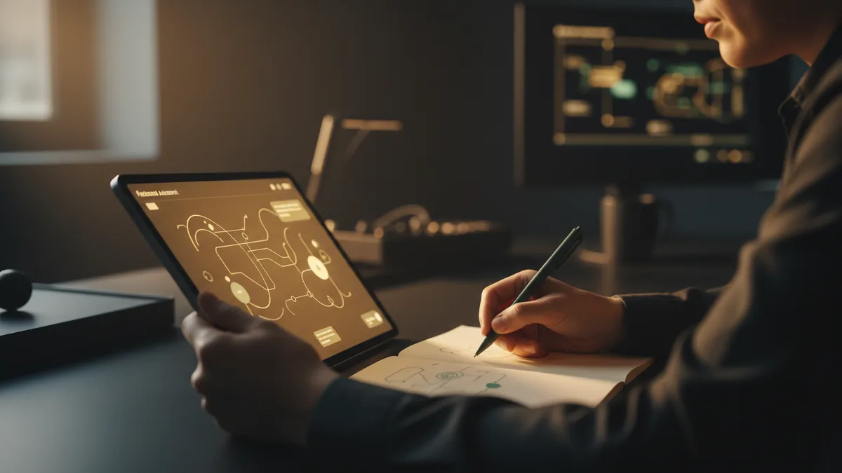 Conversational AI on a tablet with notes nearby for context building