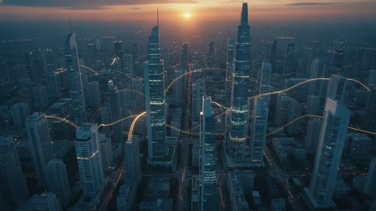 Future-ready business networks connected by intelligent systems at dusk