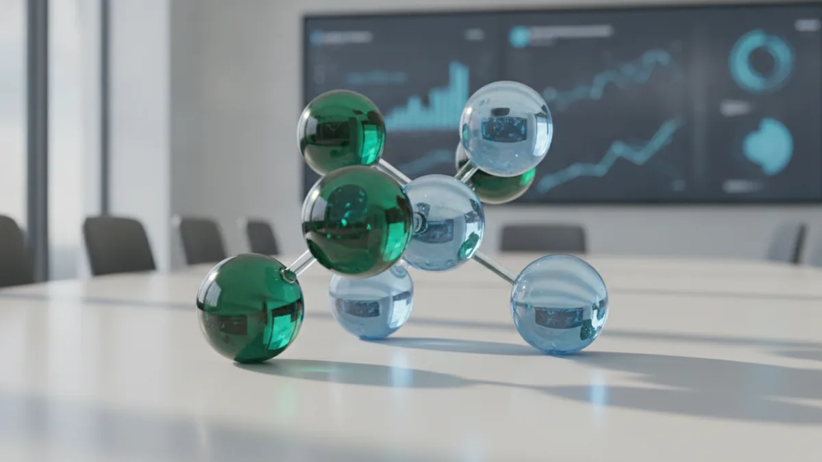 Abstract corporate ownership diagram with linked circles in a clean boardroom setting