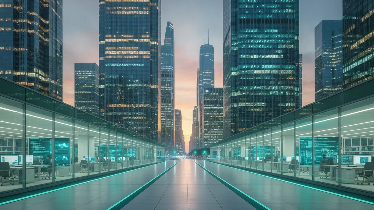Possible AI company market debut Stock exchange district at dusk symbolizing a possible OpenAI IPO