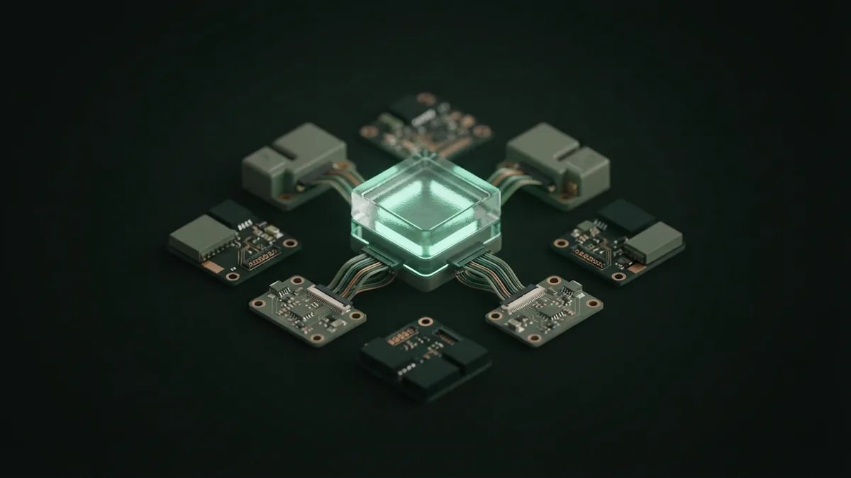 Free model connection Isometric modular system showing a central free model connection in a dark studio