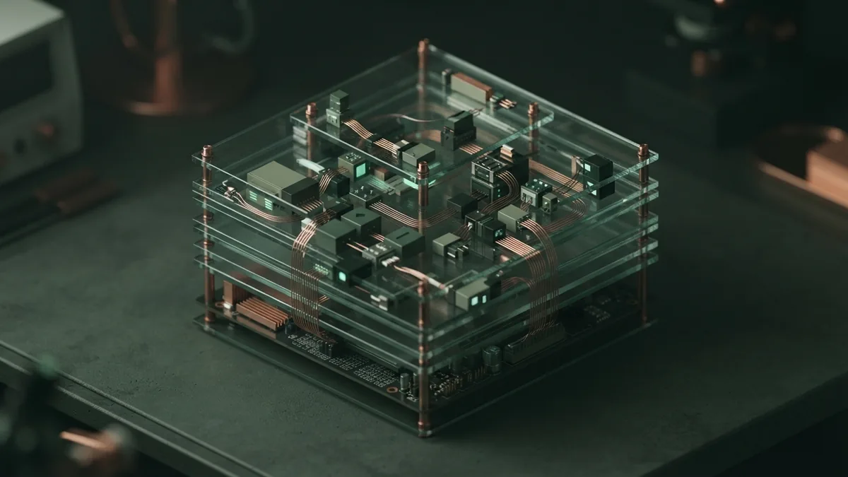 API cost planning system Isometric hardware network with layered panels and copper details for API cost planning