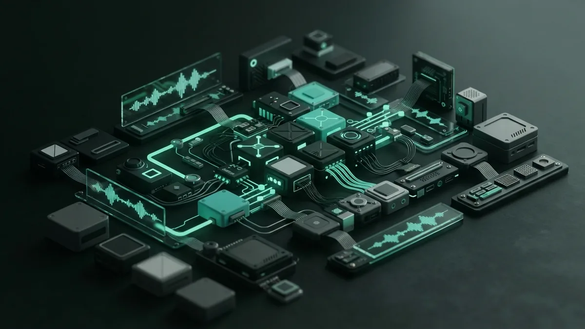 Isometric abstract system showing speech feedback and language practice features