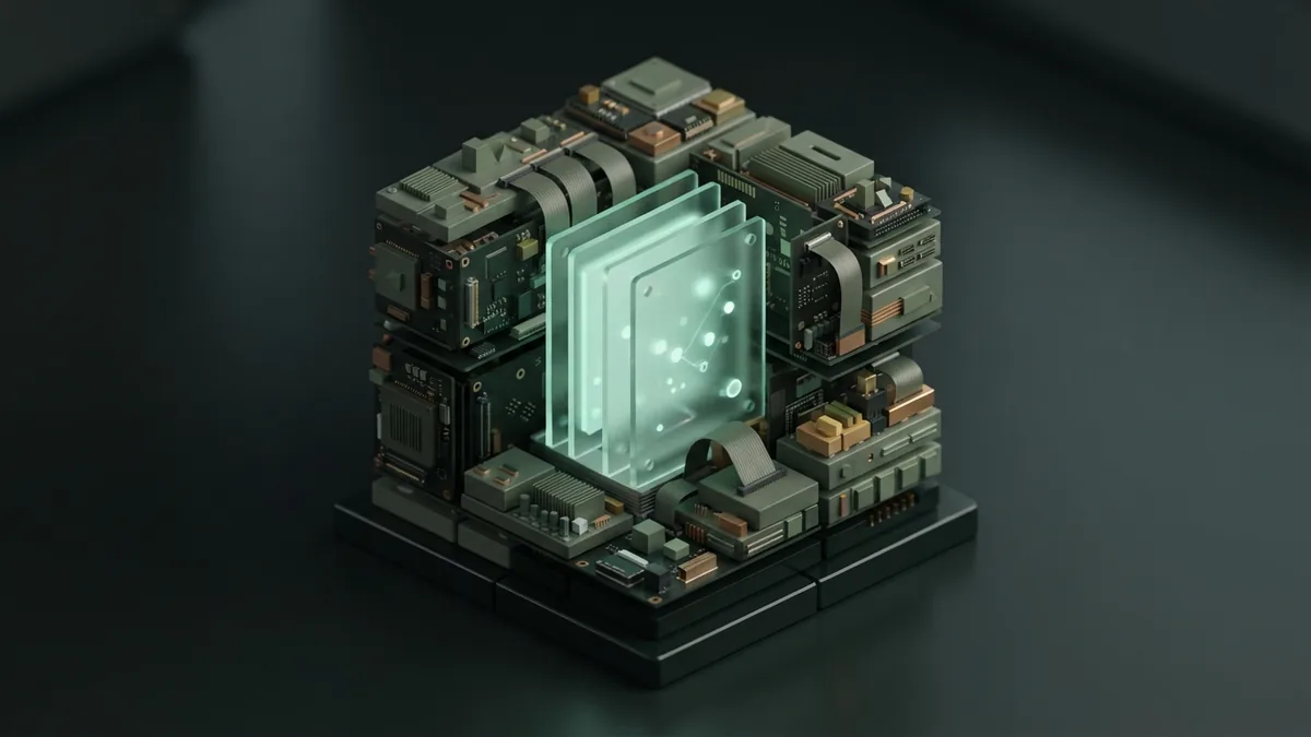 Abstract AI model modules arranged around a glass processing core in a dark lab