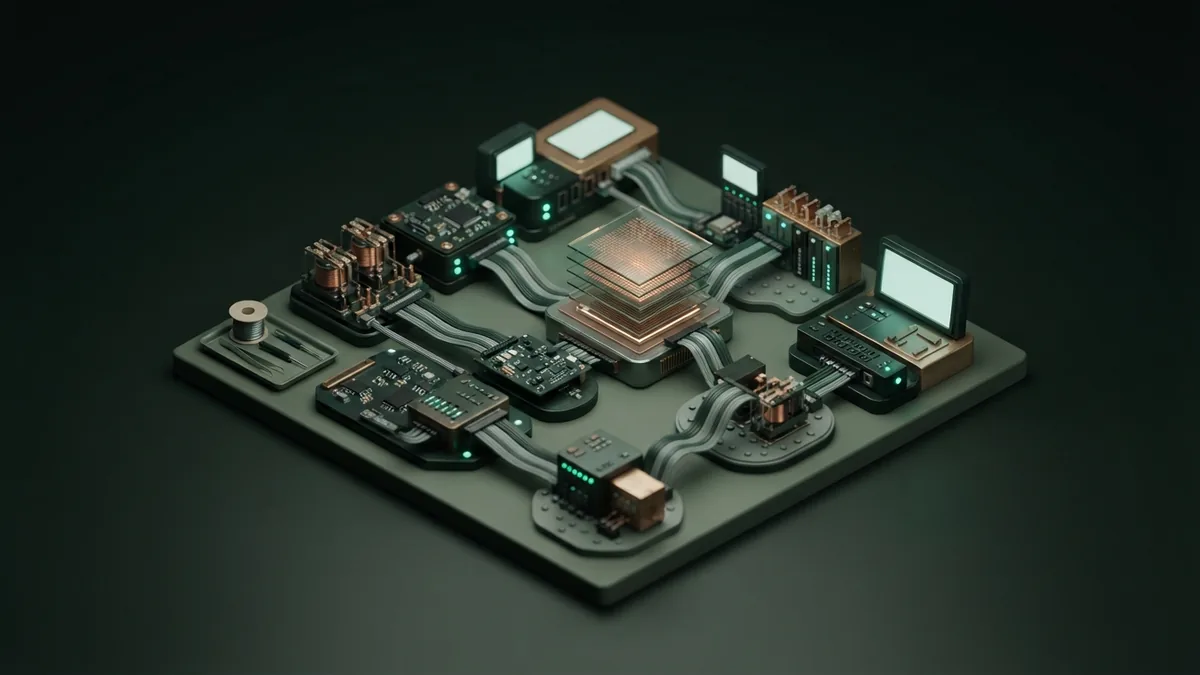 AI tools linked in an automation workspace Miniature AI automation workspace with connected task modules and copper relay parts